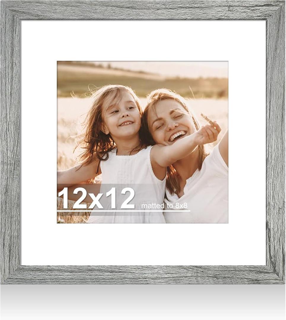 12x12 Picture Frame with Real Glass - 8x8 Wooden Frame with Mat, Horizontal and Vertical Display for Wall or Tabletop (Grey, 1 Pack)