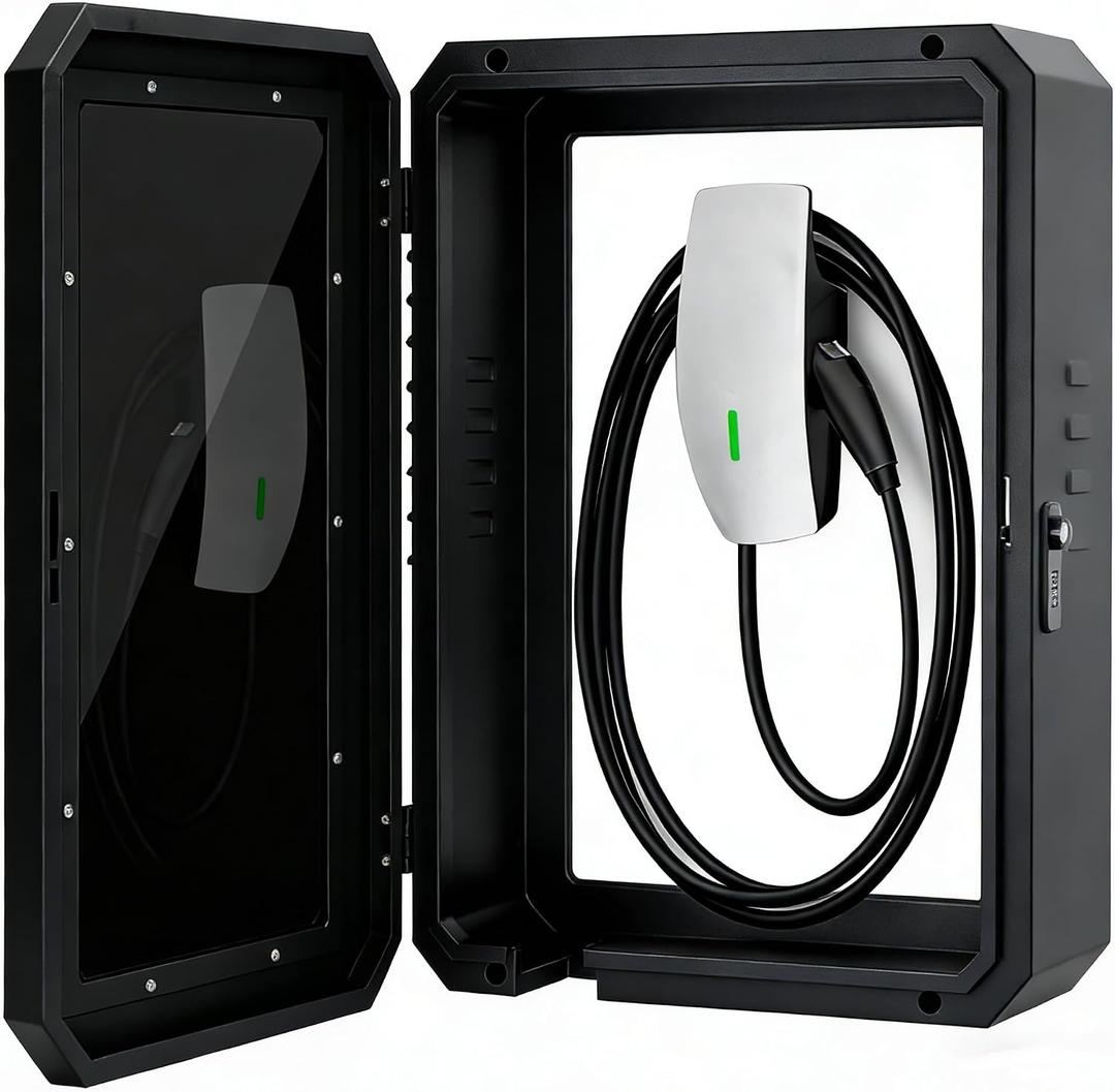 EV Charger Outdoor Enclosure, Charger Station Box for Tesla Wall Charger, Cable Cord Holder Lock Box, Heavy Duty Outdoor Charging Case, Black