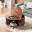 Round Coffee Table, 31.5" Fluted Center Table with Storage, Lift-Top Coffee Table with Adjustable Footpads, Sliding Door, Mid-Century Modern Center Table for Living Room, Small Space, (Walnut)