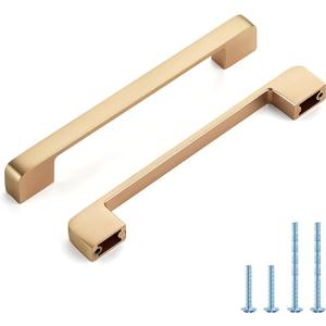 Brushed Brass Cabinet Pulls 6-1/4 Inch Hole Spacing Wide Base Kitchen Cabinet Handles for Drawers 6 Pack