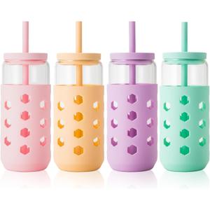 Mrsdry 20 oz Glass Cups With Lids and Straws, 4-Pack Iced Coffee Cup - Smoothie Cup With Silicone Lid and Sleeve for Coffee Bar Accessory, Cute Drinking Glasses Set Reusable Glass Tumbler for Gifts
