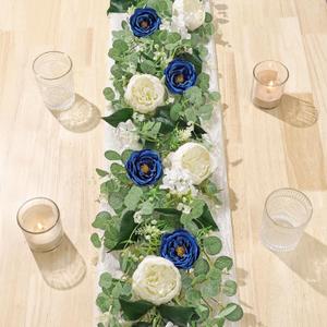2 Pack 12Ft Blue White Flower Garland Artificial Eucalyptus Flower Garlands Fake Peony Rose Floral Vines Silk Hydrangea Hanging Vine Greenery Garland for Wedding Party Table Backdrop Decor