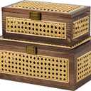 2PCS Rattan Storage Boxes Decorative Handmade Natural Wood Baskets with Lid Wooden Frame Boho Rustic Wicker Box Woven Cane Bins Shelf Closet Organizer Container (Walnut, 1 Large 1 Small)