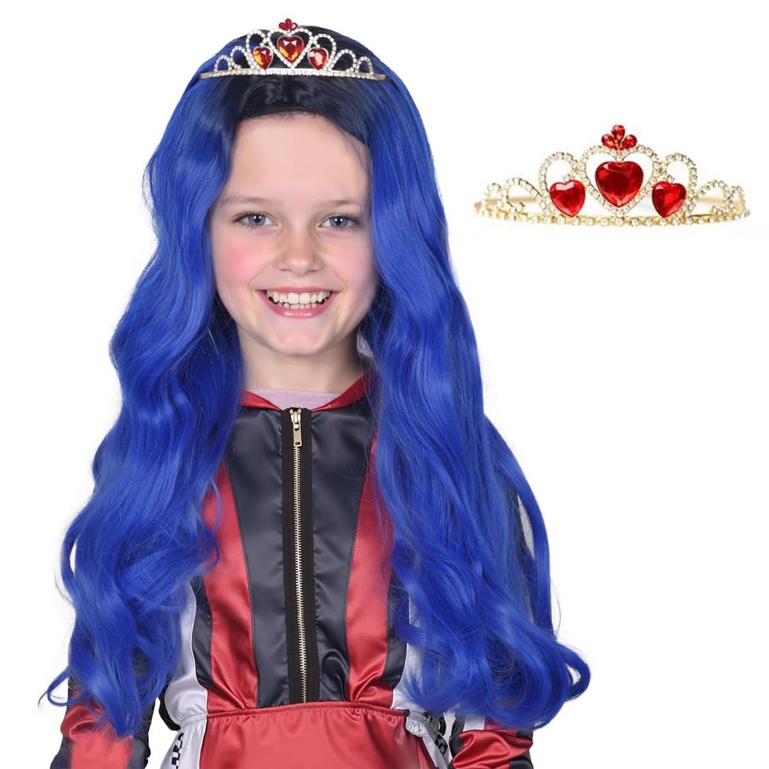 ColorGround Long Wavy Cosplay Wig with Crown for Halloween Costumes and Party (Dark Root Blue)