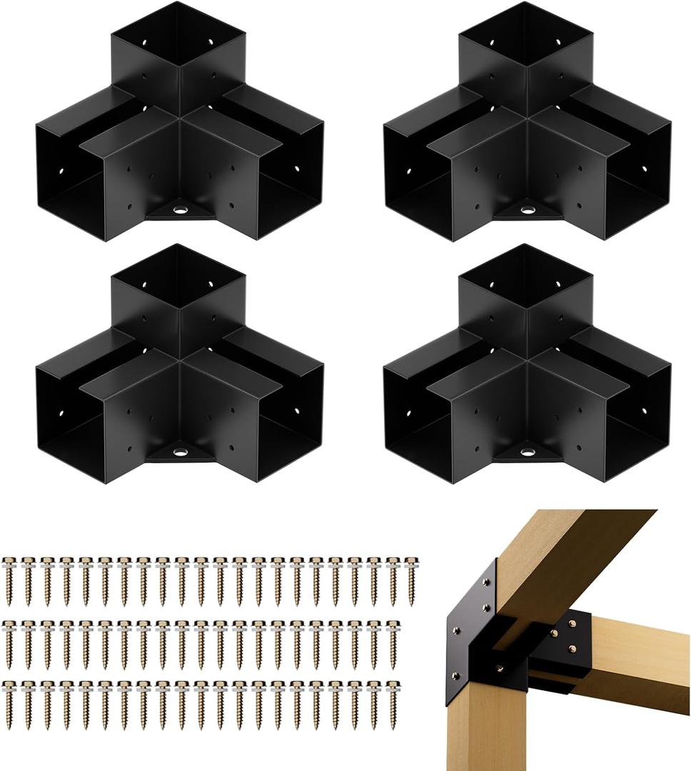 Pergola Brackets Kit 4x4 (Inner Size 3.7x3.7), 4 Pack 3-Way Heavy Duty 90 Right Angle Corner Brackets for DIY Woodworks, Easy Install Pergola Kit for Patio, Gazebos, and Outdoor Structures