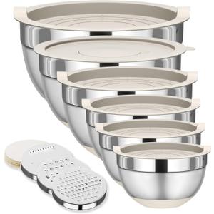 Mixing Bowls with Lids Set, 6 Piece Stainless Steel Nesting Storage Bowls for Kitchen, with 3 Grater Attachments & Non-Slip Bottoms, Size 5.5,3.5,2.5,2.1,1.5,1.1 QT (Khaki)