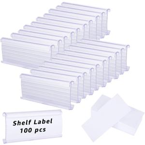 100 Pcs Wire Shelf Label Holders, Wire Rack Label Holder, Plastic Labels for Wire Shelving, Shelf Label Clips with Label Paper Inserts,Compatible with 1-1/4 Inch Shelves