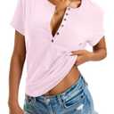 EasyGala Womens Cotton Deep V Neck Tops Short Sleeve Low Cut Henley Shirts Sexy Fitted Tees Summer Fashion Clothes 2025 Pink Large