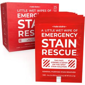 Emergency Stain Rescue Remover Spray  25 Wipes - Couch Stain Remover for Clothes, Fabric, Silk, Linen - Instant Cleaner Works on Blood, Grass, Coffee, Mud (1 Count (Pack of 25))