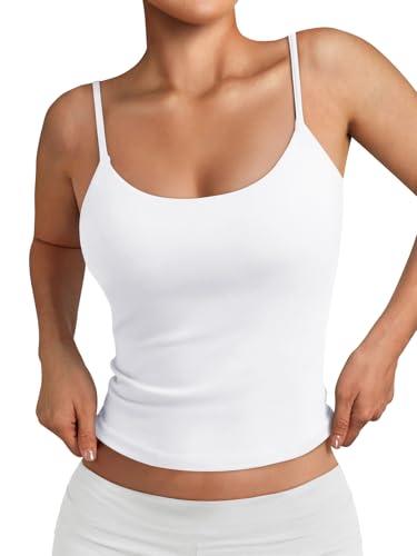 Trendy Queen Womens Spaghetti Strap Tank Top Summer Double Lined Workout Camisole Going Out Cute Tops Y2k Teen Girl Basic White Size 2XS