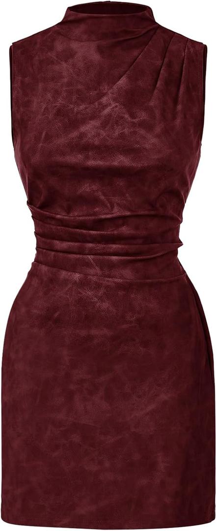 RoseSeek Women's PU Leather Ruched Bodycon Dresses Mock Neck Sleeveless Zipper Mini Tank Dress Burgundy Medium
