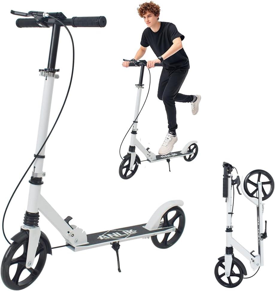 Dual-Brake Shock-Absorbing Kick Scooter, Anti-Skid PU Wheels, 4 Height-Adjustable Positions, Wider Pedals, Suitable for Children Over 6 Years Old, Teenagers & Adults (White)