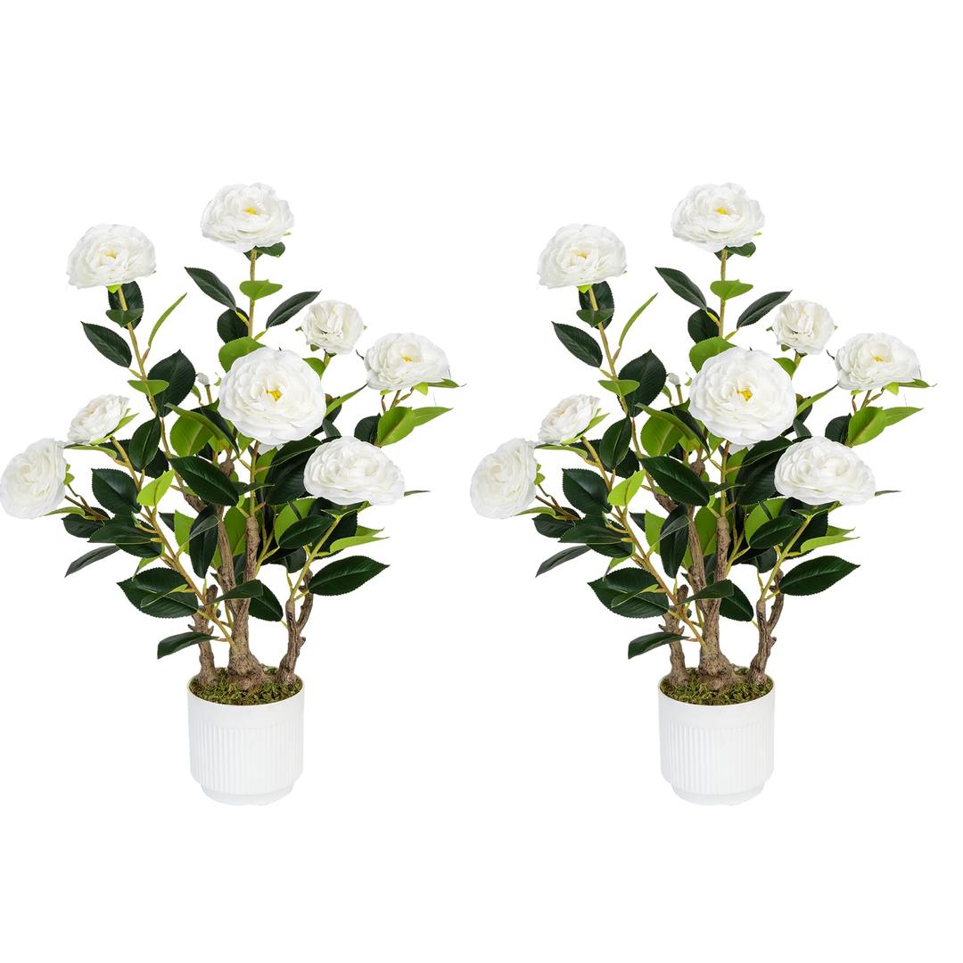 Jcezvnt 2 Pack Artificial Camellia Tree with White Pot, 24" Faux Potted Plants for Indoor Outdoor Decor, Tall Silk Greenery Plant for Home Office Living Room Balcony, White, 2FT