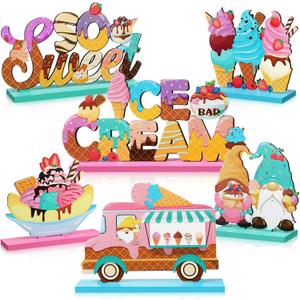 Blosssound 6 Pcs Ice Cream Table Wooden Decorations Ice Cream Table Centerpieces Letter Truck Gnome Wood Signs for Bar Party Birthday Baby Shower Party Supplies