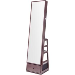 Happybuy Mirror Jewelry Cabinet,Brown,360 Swivel Standing Mirror with Storage, Lockable Jewelry Mirror Organizer with Full Length Mirror,Velvet Lining, LED Light, Drawer, Freestanding Jewelry Armoire