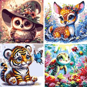 FLAJZ 4 Pack Paint by Numbers Kit for Kids, Animals Paint by Number Kits for Kids Ages 4-8, DIY Color Canvas Painting Animal Acrylic Oil Painting Suitable for Home Decoration 8x8 Inch