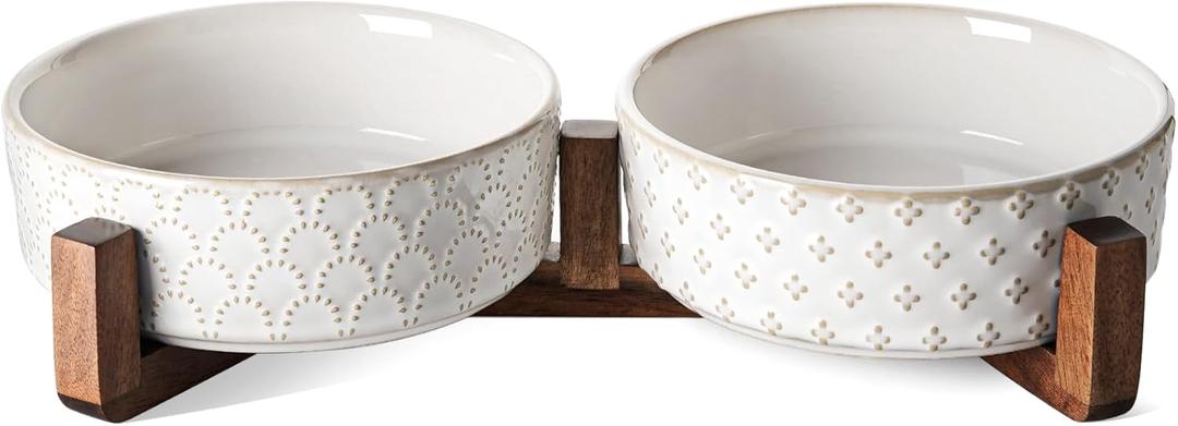 LE TAUCI Dog Bowl Set with Acacia Wood Stand - 1.5-Cup Ceramic Puppy Bowls for Small Dogs, Dual Food and Water Bowls with Weighted Non-Slip Base (Fireworks+Clover)