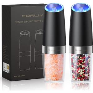 FORLIM Gravity Electric Salt and Pepper Grinder Set, Automatic Pepper Grinder Shakers Mill, Upgraded Batteries Powered Adjustable Coarseness with LED, One Hand Operation Perfect for Kitchen(Black) (6 oz)