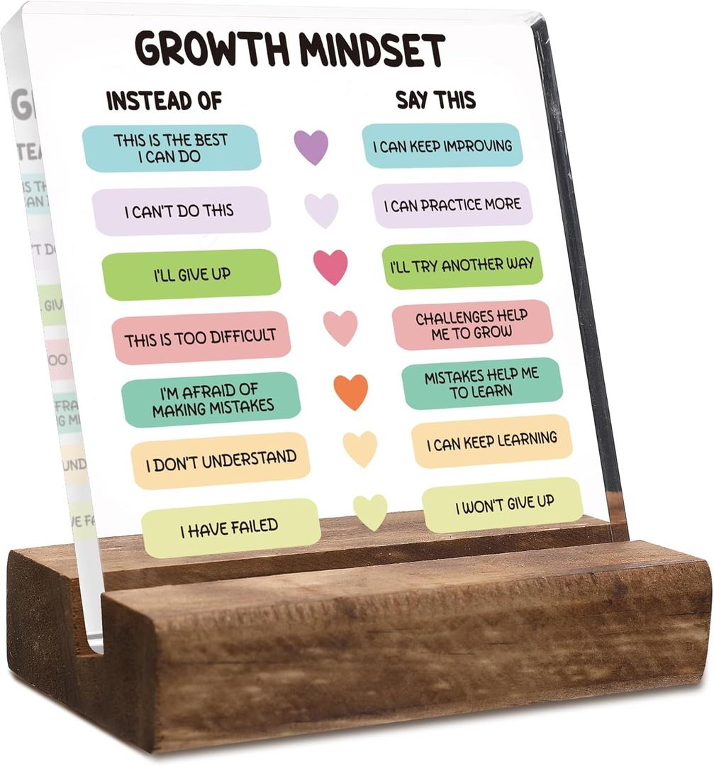 2 x Growth Mindset Desk Decor Sign, Mental Health Therapy Office Motivational Gift, Positive Affirmations for School Psychology Office Classroom, Clear Acrylic Sign