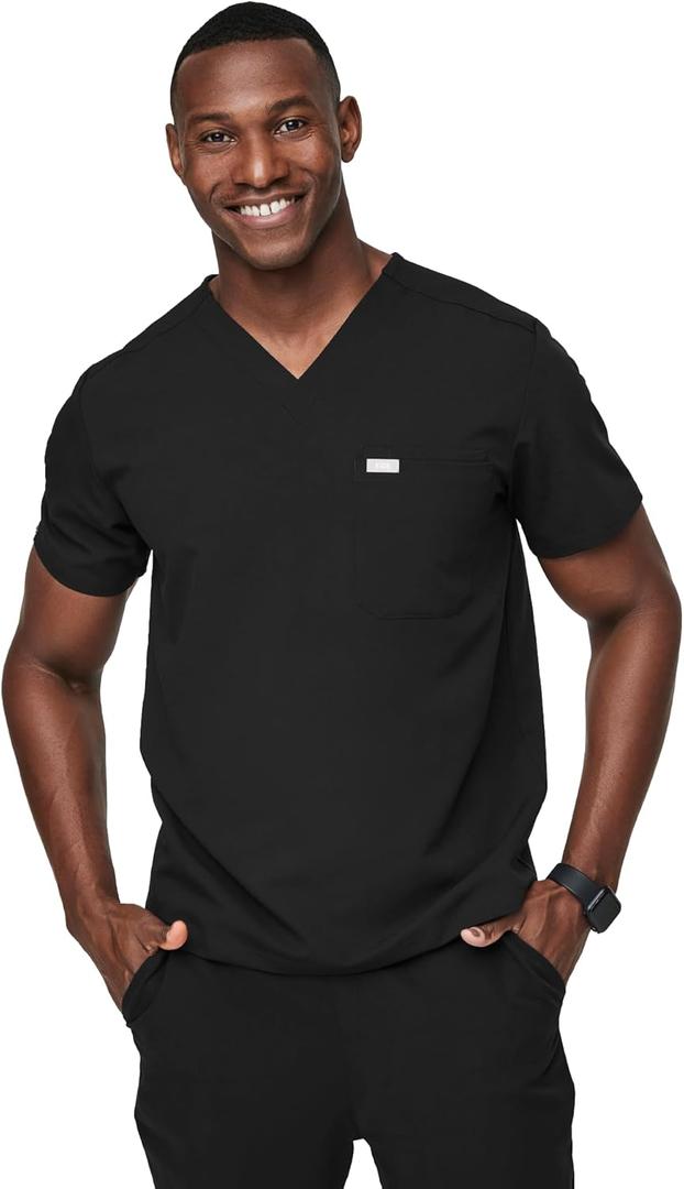 FIGS Leon Scrub Top for Men  3 Pockets, Tailored Fit, Modern V-Neck, 4-Way Stretch, Moisture-Wicking (XX-Large, Black)