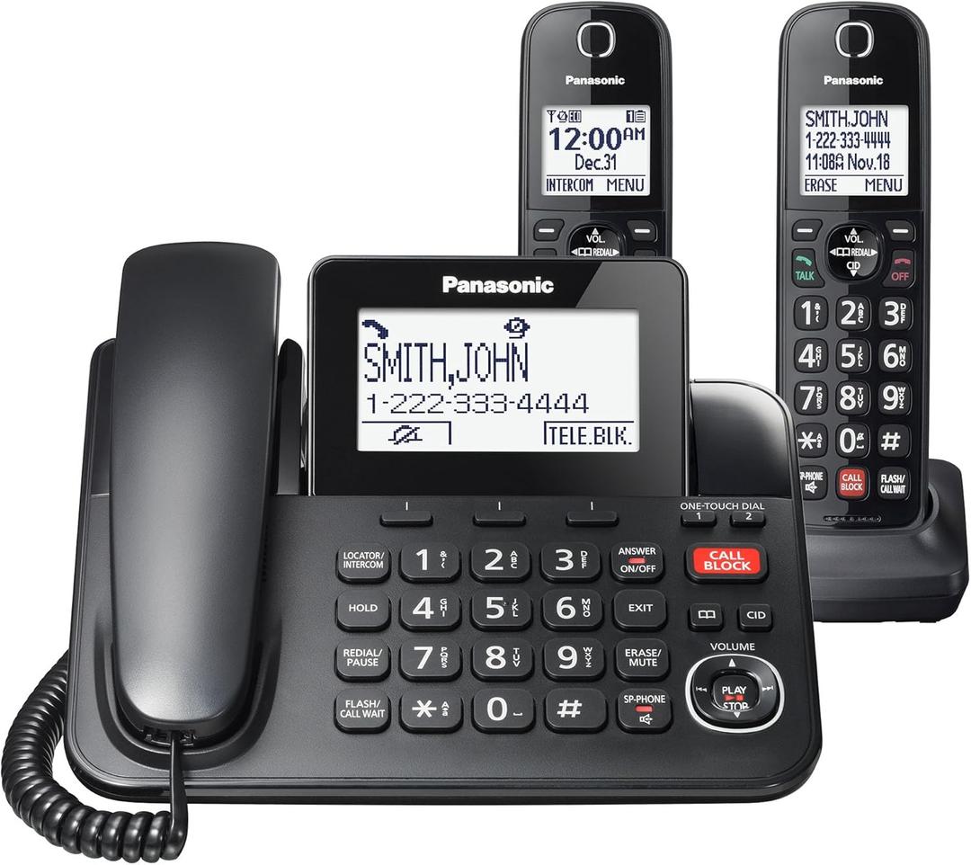 Panasonic Corded Phone/Cordless Phone with Answering Machine, Advanced Call Block and 2-Way Recording, 2 Handsets Expandable up to 6 Cordless Handsets, Landline Telephone - KX-TGF852B (Black)