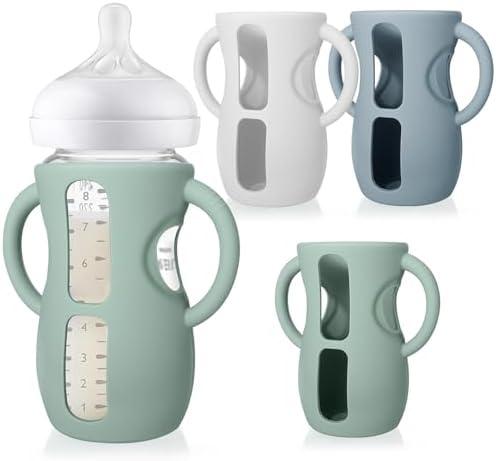 Juome Silicone Sleeves with Handles for Avent Natural Glass Baby Bottle - 3 Pack Anti Breakage Baby Bottles Holder, Compatible with Philips Avent Anti Colic Baby Bottles 8 oz