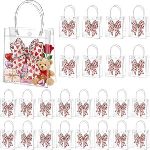 Tioncy 24 Pcs Valentine's Day Clear PVC Gift Bags with Handle Valentines Red Bow Plastic Goodie Candy Treat Tote Bags Valentines Day Coquette Bowknot Romantic Party Favor for Wedding Birthday Supplies