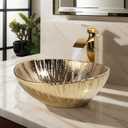 Gold Ceramic Bathroom Vessel Sink with Faucet and Drain Combo Bowl Above Counter Vessel Sink Oval for Modern Luxury Bathroom, 13.2"l X 16"w X 5.5"h