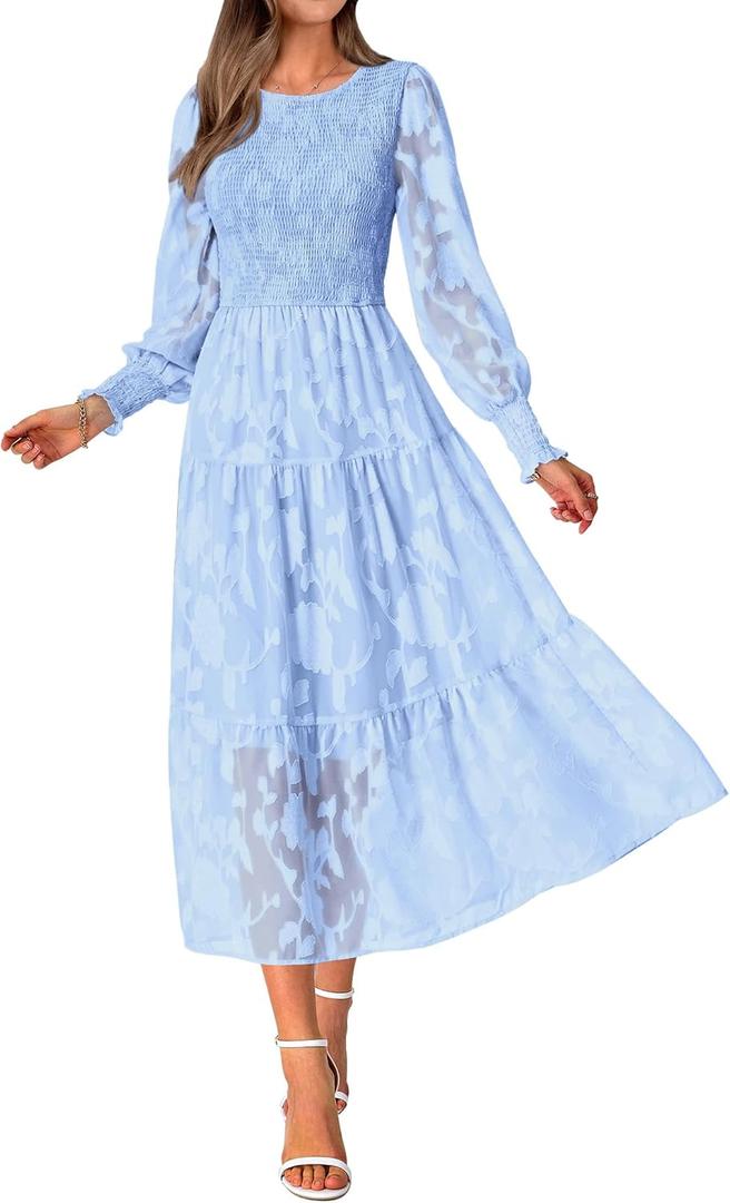 BTFBM Wedding Guest Dresses for Women Fall Fashion 2025 Casual Long Sleeve Floral Maxi Boho Homecoming Dress (Small, Blue)