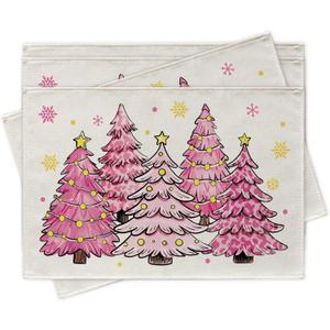 Croar Merry Christmas Tree Pink Dining Table Runner, Xmas Pine Trees Gold Snowflake Burlap Kitchen Decoration, Winter Holiday Indoor Outdoor Home Decor Party Supply 13 x 72 Inches, Pack Of 2