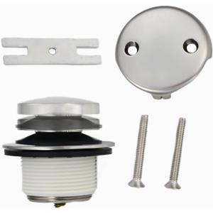 Tip-Toe Bath Tub Drain Trim Kit Set Assembly with Two-Hole Overflow Faceplate Stopper Plug Universal Fine Coarse Thread Screws Gasket Adapter for Bathroom Bathtub (Brushed Nickel)