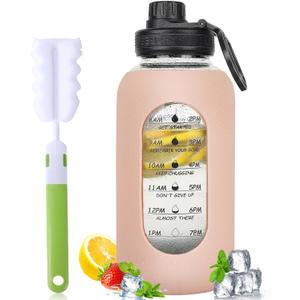 40oz Glass Water Bottle with Handle Lid Time Marker Motivational Sport Water Jug with Silicone Sleeve Water Flask Canteen Wide Mouth Water Bottle for Gym Workout Travel Office Home Everyday Hydration