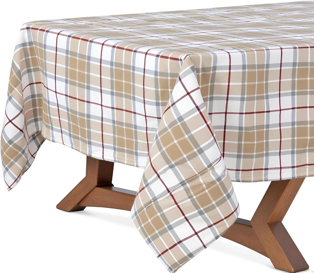 Lintex Summer Beige Plaid Cotton Tablecloth, 60 x 102 Inch Rectangle, Washable Indoor Outdoor Fabric Table Cover, Farmhouse Woven Table Linen for Kitchen Dining, Patio BBQ Picnic