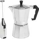 Primula Stovetop Espresso Maker and Handheld Electric Milk Frother Gift Set, Moka Pot for Classic Italian and Cuban Coffee, Cafetera, 6 Espresso Cups, Silver