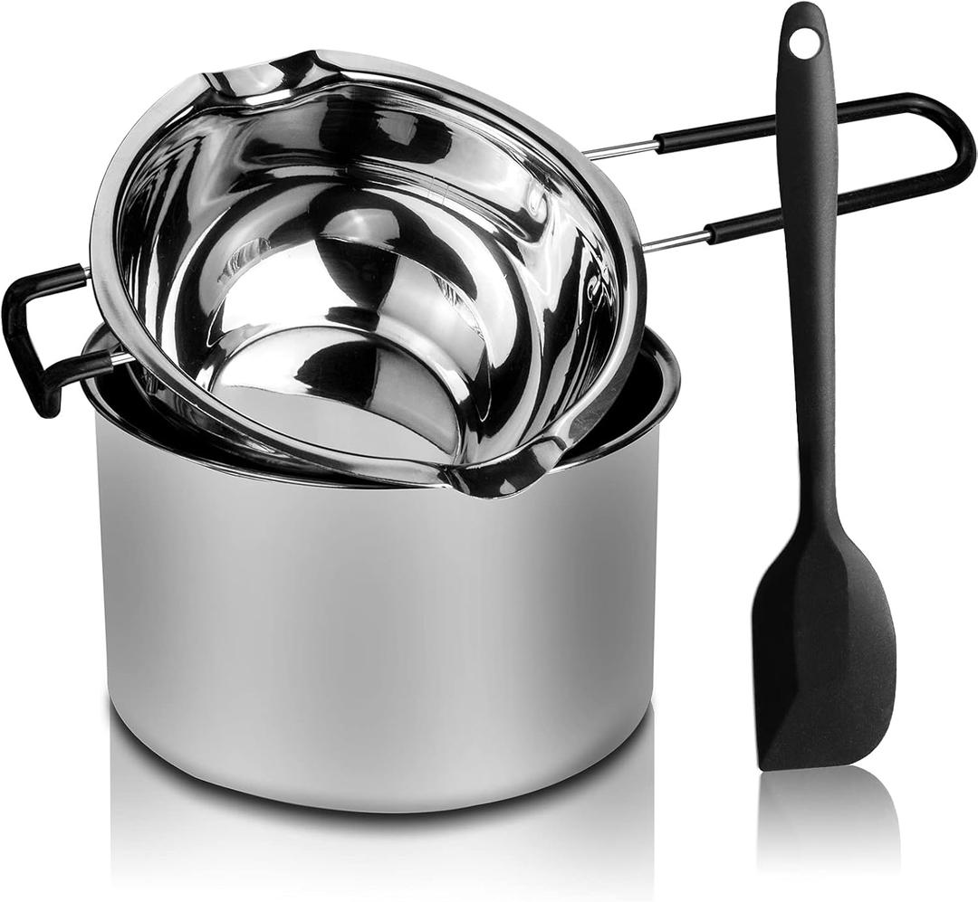 Double Boiler Pot Set, Stainless Steel Melting Pot with Silicone Spatula for Melting Chocolate, Soap, Wax, Candle Making (600ml and 1600ml)