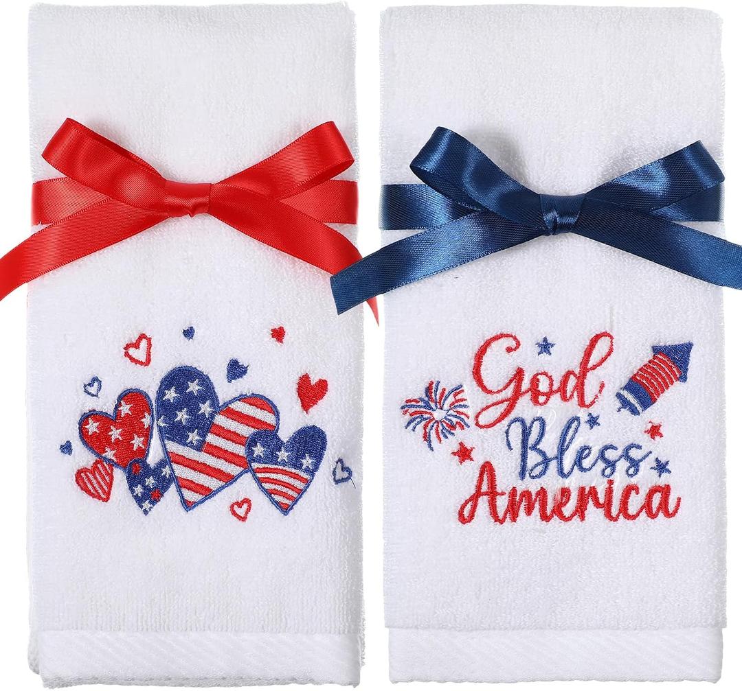 Remagr 2 Pack 4th of July Hand Towels Cotton Embroidered 13.7'' x 29.5'' Patriotic Red White Blue USA Hand Towel Bathroom with Ribbon Decorative American Independence National Day Dish Tea Towel Set