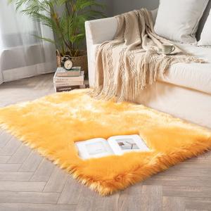 MIULEE Luxury Super Soft Fluffy Area Rug Faux Fur Rectangle Rug Decorative Plush Shaggy Carpet for Bedside Sofa Floor Nursery Fall Decor 3 x 5 Feet, Orange Yellow