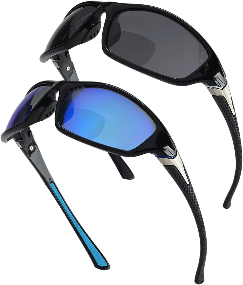 Sport Bifocal Reading Sunglasses for Men, Wrap Around Sunglasses with Bifocals, UV400 Sunglass Readers for Men (Blue/Black)