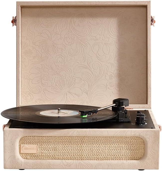 Coryphaeus Vinyl Record Player 3-Speed Bluetooth Input and Output Built-in Speakers with Magnetic Cartridge Auto Off (Flora Engraved)