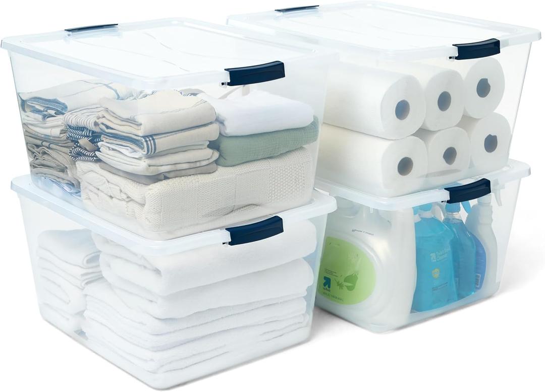 Clear Plastic Storage Bins with Lids, Under Bed Storage Containers, Blue Latches, Stackable Organizer, Set of 4 (71QT)