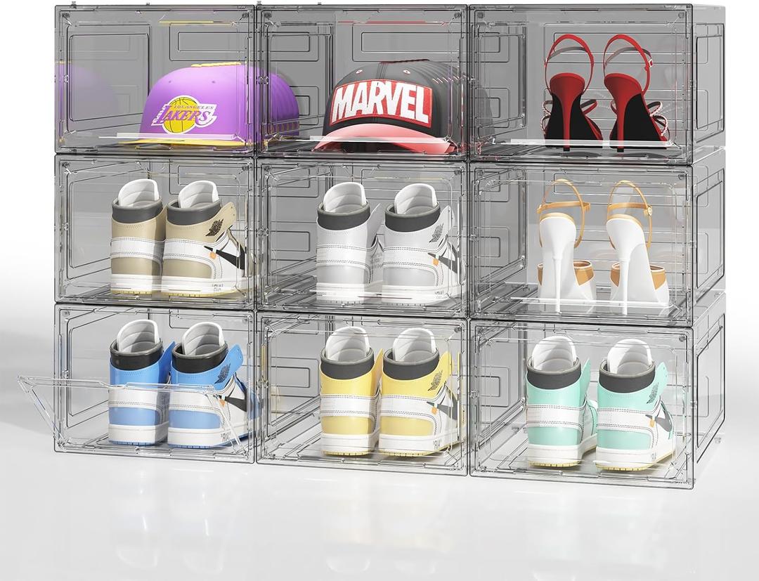 Large Shoe Boxes Clear Plastic Stackable 9 Pack Shoe Storage Organizer for Closet/Entryway, Drop front Shoe Box with Magnetic Door, Shoe Display Case, Fit up to US size 14 (White)