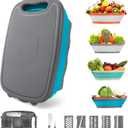 Gintan Camping Cutting Board, 9-in-1 Collapsible Chopping Board with Colander, Kitchen Vegetable Washing Basket for Camping, Camping Gifts Camping Accessories for RV Campers (Blue+Grey)