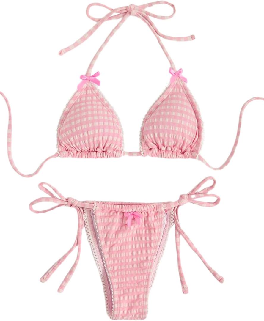 WDIRARA Women's 3 Piece Bow Bikini Set Halter Triangle Swimsuit Bathing Suit with Beach Skirt (Medium, Pink)