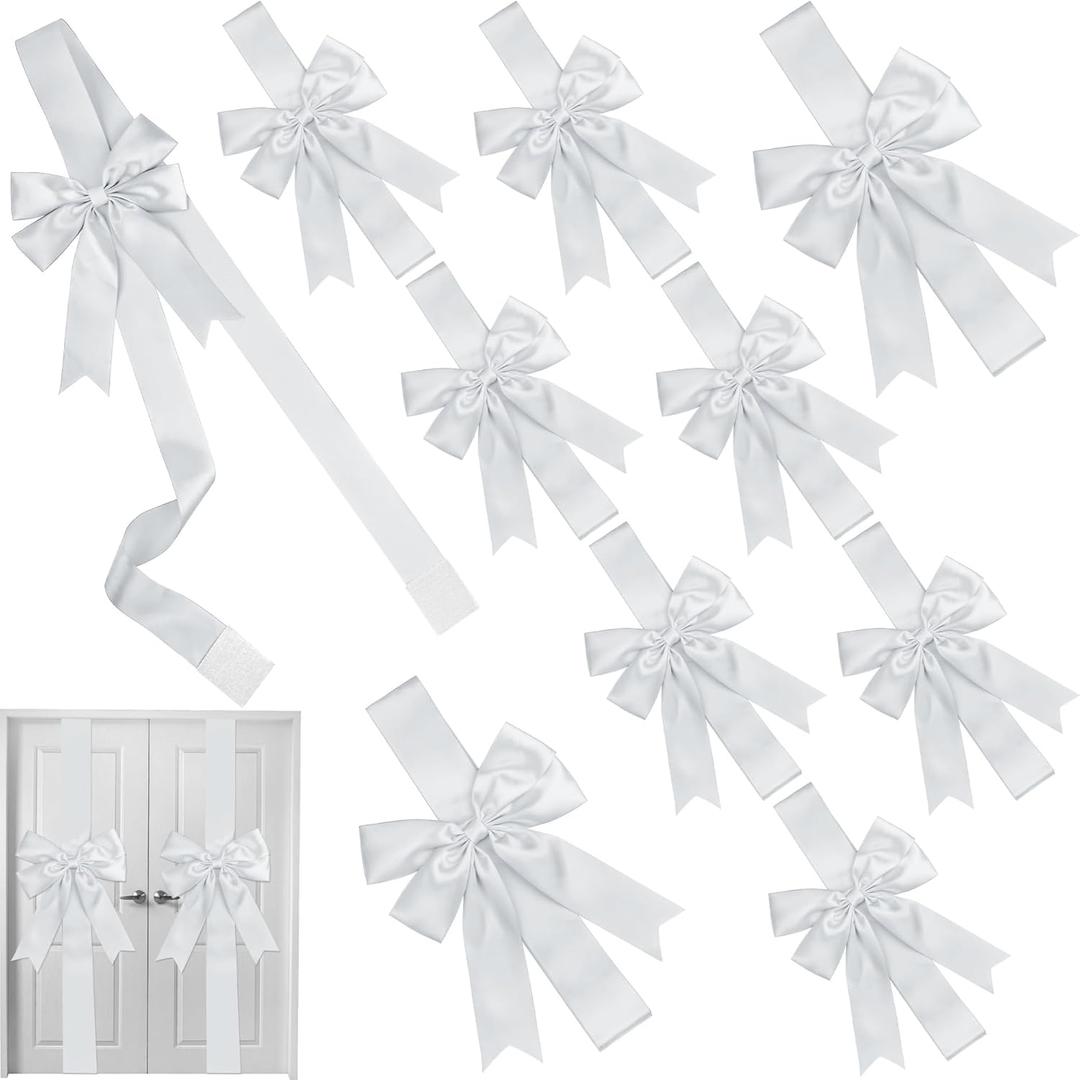 MCEAST 10 Pieces Christmas Door Cabinet Bows Large Christmas Silver Ribbons Cabinet Door Bows for Christmas Festive Party Supplies, 10 x 87 Inches