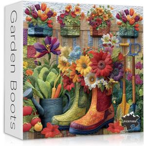 PICKFORU Garden Boots Jigsaw Puzzle 1000 Pieces for Adults, Colorful Flower Garden Scene with Rain Boots, Gardening Tools Plants, Spring Floral Puzzle Quilt Style