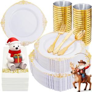 Nervure 350PCS Gold Plastic Dinnerware - White and Gold Disposable Plates for 50 Guests - 100 White Disposable Plates, 150 Plastic Silverware, 50 Cups, 50 Napkins for Wedding & Party & Thanksgiving