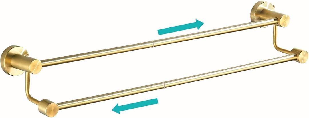 BATHSIR Adjustable Brushed Gold Double Bath Towel Bar,14.56-27.55 Inches Wall Mount Towel Rack for Bathroom, SUS304 Stainless Steel Towel Holder Hanger