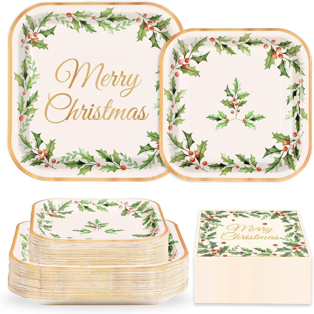 200Pcs Christmas Party Decorations Xmas Holly Leaf Berries Square Plates and Napkins Holly Leaves Paper Plates Tableware Sets for Merry Christmas Winter Holiday BBQ Gathering Party Supplies Serves 50