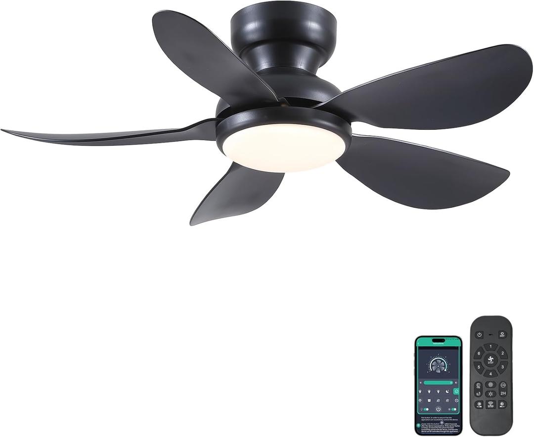 36 Inch Modern Ceiling Fans with Lights, Small Flush Mount Ceiling Fan with Light and Remote/APP Control, 5 Reversible 6 Speeds Curved Blades, 3 CCT Dimmable Lights for Bedroom, Black
