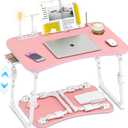 Lap Desk for Bed Adjustable Height, Foldable Bed Table with Storage Drawer, Tablet Slot & Cup Holder, Portable Laptop Stand for Bed & Sofa, Bed Desk for Adults & Kids, Pink